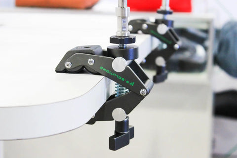 Savior Clamp With Articulated Jaws, 66 Lb Max Load, 2.36 Inch Jaw Opening, mounting on table edge, anodized aluminum, silver finish