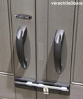 Close-up of doors with handles and latch on Built Tough Outdoor Storage Shed 7 x 4.5 Ft With Steel Reinforced Construction