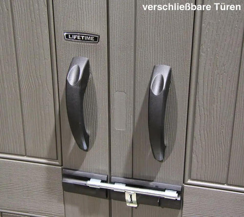 Close-up of doors with handles and latch on Built Tough Outdoor Storage Shed 7 x 4.5 Ft With Steel Reinforced Construction