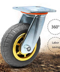 Heavy Duty Caster Wheels Rated For Over Eleven Hundred Pounds Ideal For Flatbed Carts And Trolleys showing a 360 degree swivel wheel with metal mount.