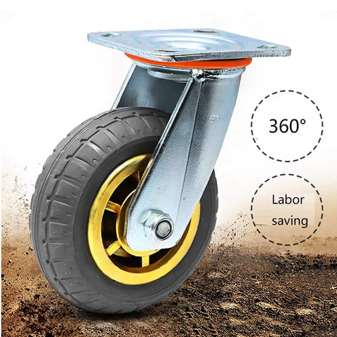 Heavy Duty Caster Wheels Rated For Over Eleven Hundred Pounds Ideal For Flatbed Carts And Trolleys showing a 360 degree swivel wheel with metal mount.