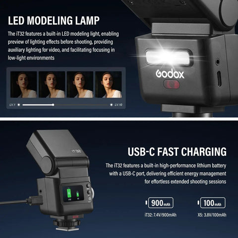 TTL Camera Flash For Sony With X5S Trigger Kit Diffuser Magnetic Hotshoe And Two In One Wireless Trigger Two Four G HSS Up To Eight Thousandth Second GN18 LED Modeling Lamp Colorful Touch Screen Rotatable Head LED and USB-C features shown