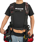 Person wearing gel padded tool belt suspenders for construction work comfortable support for carpenters electricians and DIY.