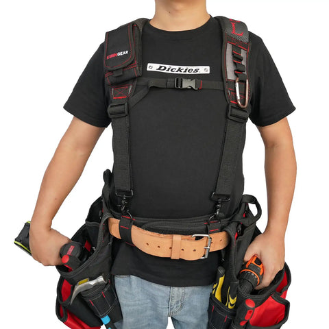 Person wearing gel padded tool belt suspenders for construction work comfortable support for carpenters electricians and DIY.