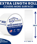 2 Inch By 196 Feet Long White Vapor Barrier Tape For Garage Door Sealing And Crawlspace Upgrades shown on a roll.