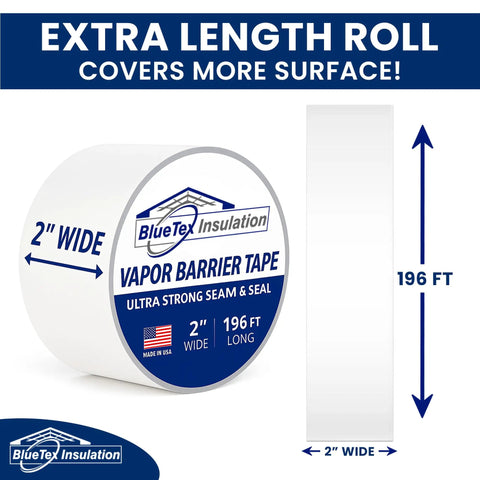 2 Inch By 196 Feet Long White Vapor Barrier Tape For Garage Door Sealing And Crawlspace Upgrades shown on a roll.