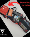Front view of CareTac IFAK trauma kit with CAT Gen 7 tourniquet in red pouch, contents visible