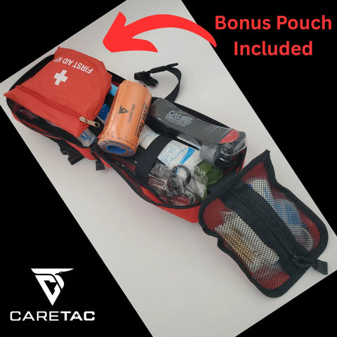 Front view of CareTac IFAK trauma kit with CAT Gen 7 tourniquet in red pouch, contents visible