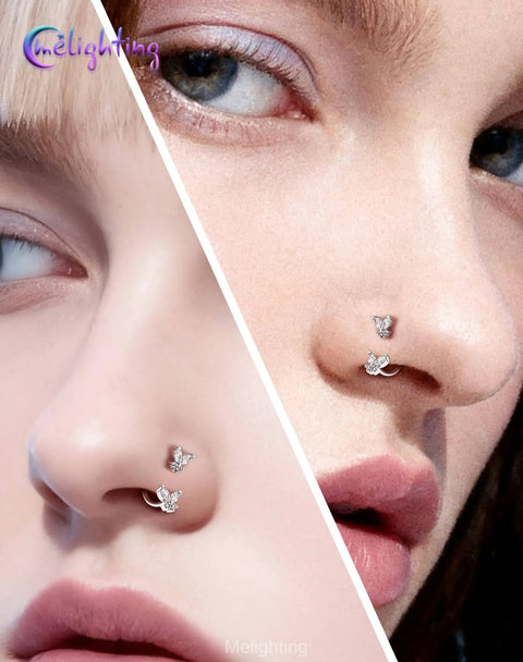 Close-up of 20G Butterfly Horseshoe Nose Ring with Push Pin Ends in 316L Surgical Steel, adorned with CZ stones for septum piercing.