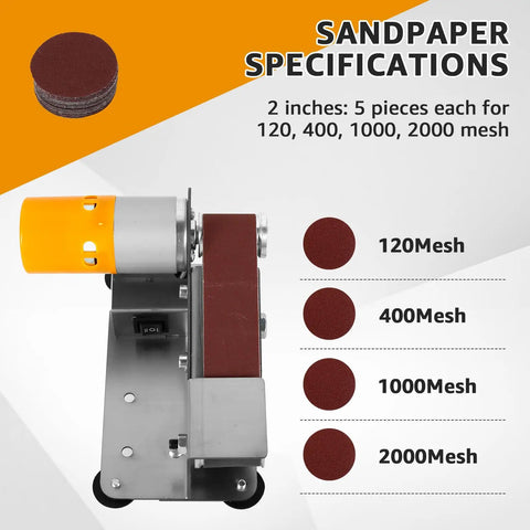 Grab And Go Multifunction Belt Sander With 7 Speed Settings Low Noise Portable Belt Grinder showing sandpaper mesh options