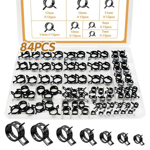 84 Piece 7 To 17 mm Fuel Line Hose Clamps Spring Clamp Set With Labeled Storage Box For Automotive Use Durable 65Mn Manganese Steel Black Finish DD006 B