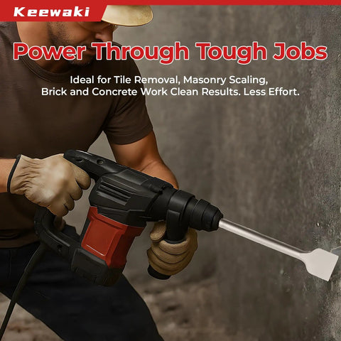 Man using a hammer drill with SDS Plus Masonry Chisel Set 4-Piece Pro Grade Heavy Duty Chisel Bits for Concrete work.