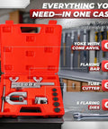 Flexzion brake line flaring tool kit in red case with tubing cutter, flaring bar, five dies and adapters (front view)