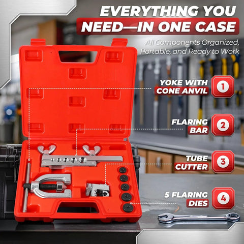 Flexzion brake line flaring tool kit in red case with tubing cutter, flaring bar, five dies and adapters (front view)