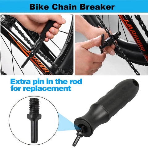 Hands using bike chain breaker from Bike Chain Repair Kit For 6/7/8 Speed Bikes With Chain Breaker And Link Pliers, includes extra pin