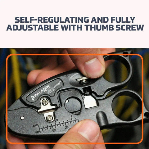 Close-up of Pro Grade Network Cable Cutter and Wire Stripper Tool with adjustment screw for Ethernet cables.