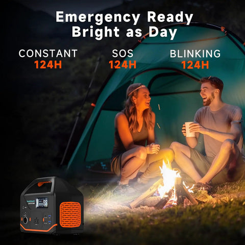 Portable Power Station 300W 266Wh Solar Generator with 7-Output Hub by a campfire at night