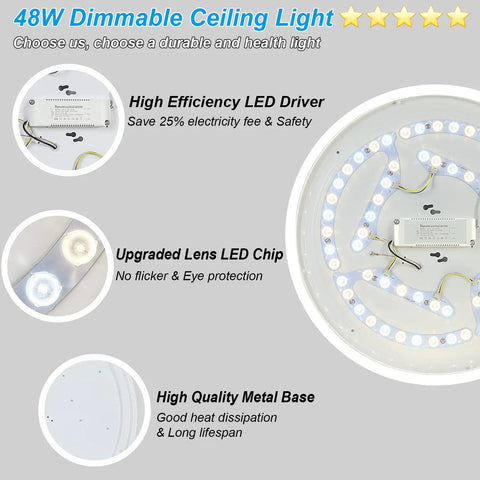 48W Dimmable LED Flush Mount Ceiling Light With Remote, 20 Inch, internal components, LED driver, metal base, and LED chips
