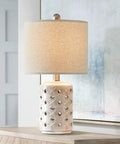 Farmhouse Ceramic Table Lamp Set Of 2 18.5 Inch Open Diamond Motif With Drum Linen Shade Cozy Warm Ambient Light in room