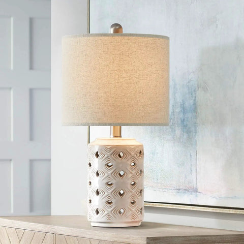 Farmhouse Ceramic Table Lamp Set Of 2 18.5 Inch Open Diamond Motif With Drum Linen Shade Cozy Warm Ambient Light in room