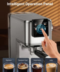 Top Shelf 20 Bar Espresso Machine With Hot And Iced Beverage Options showing intelligent operation panel and beverage options.