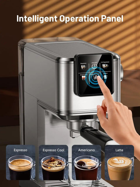 Top Shelf 20 Bar Espresso Machine With Hot And Iced Beverage Options showing intelligent operation panel and beverage options.