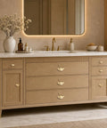Bathroom vanity with Ginkgo Leaf Drawer Knobs Brass Cabinet Knobs Gold Finish Cupboard Handles for Kitchen Wardrobe Dresser Drawers.