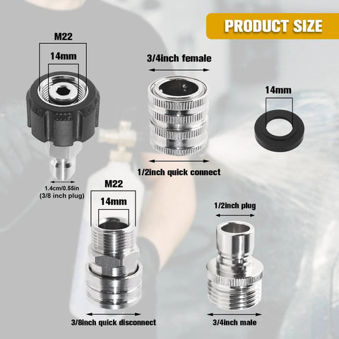 Aezpc stainless steel pressure washer quick-connect adapter kit with M22-14/15mm swivels, 3/8 in QC and 1/2 in QR, 8-set