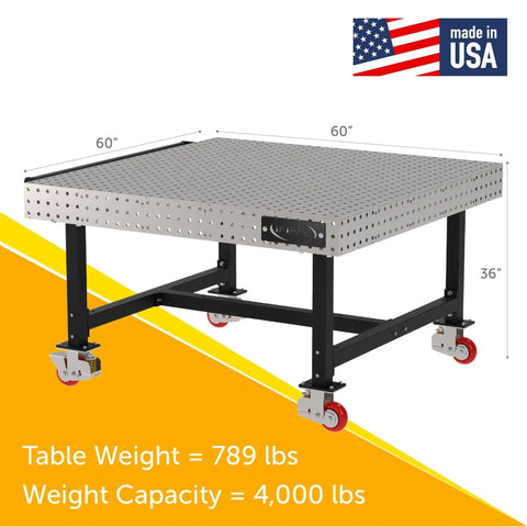 Rock Solid Mobile Welding Fixture Table 60X60X36 with slick laser cut grid holes, heavy-duty casters, and flat design.