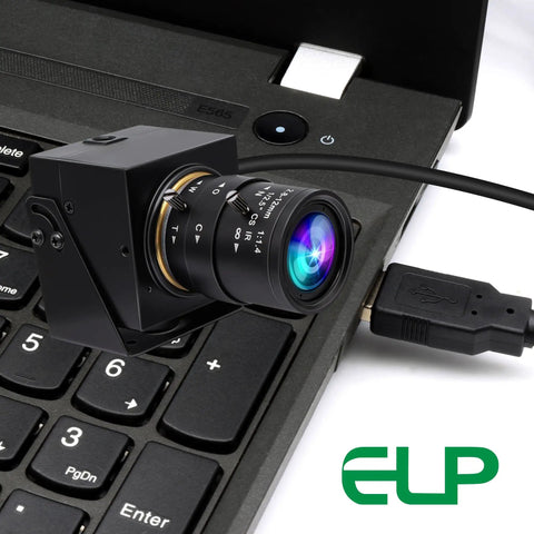 Global Shutter USB Camera With 10X Telephoto Zoom 5 To 50Mm Varifocal CS Mount Webcam shown connected to a laptop keyboard for detail capture