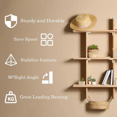 Hella Tough 50 Pack L Brackets For Wood Furniture, 1.2 Inch Small Corner Brace, Rust Proof Stainless Steel Floating Shelf Hardware, Lock Your Diy Projects In Place For Indoors Or Outdoors on a wall shelf with decor.