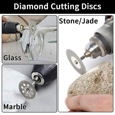 Diamond cutting discs set for Dremel rotary tool; includes 3 discs for glass, marble, and stone/jade