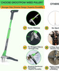 Heavy Duty Stand Up Weed Puller Tool With 40 Inch Handle 3 Claws And Fiberglass Foot Pedal Cast Iron Dandelion Weeder For Easy Weeding Without Bending Or Kneeling Built To Last Like A Boss. comparison graphic with weed puller and grip details