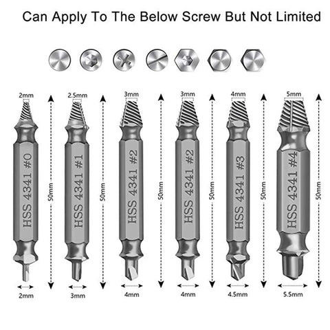 Six Piece Screw Extractor Set For Damaged And Stripped Screws Handyman Favorite Do It Yourself Tool Kit Includes Bolt Remover Works With Any Drill Sweet Gift For Men And Women showing all six extractors with screw compatibility