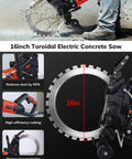 16-Inch Toroidal Electric Concrete Ring Saw 5500W Dry Wet Cutting With Water Pump Max Depth 11.8 Inch cutting through concrete with water spray.