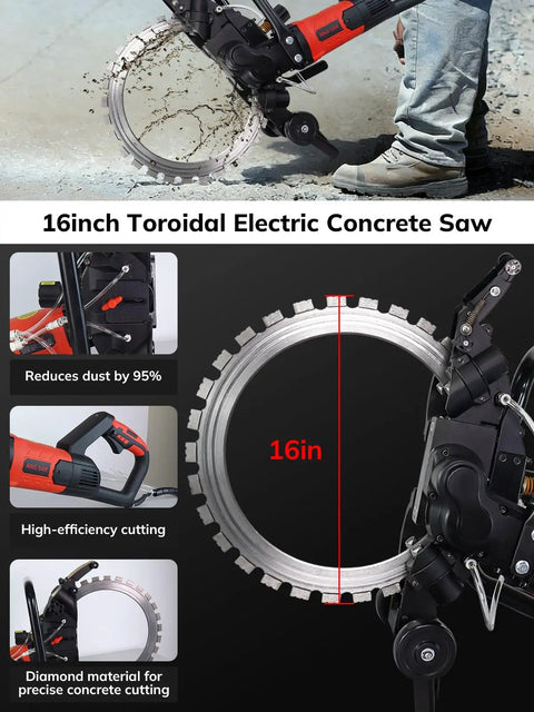 16-Inch Toroidal Electric Concrete Ring Saw 5500W Dry Wet Cutting With Water Pump Max Depth 11.8 Inch cutting through concrete with water spray.