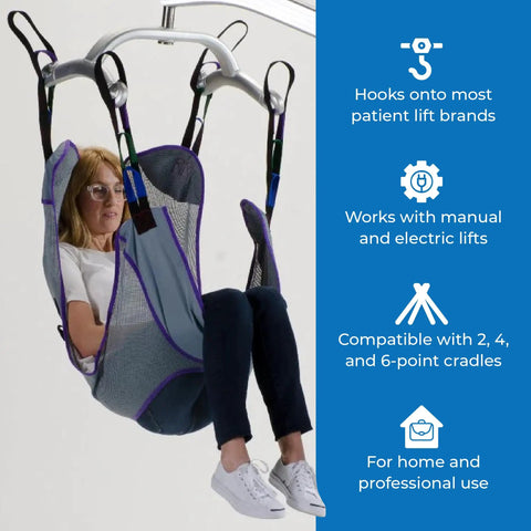 Patient Aid Full Body Mesh Commode Sling For Hoyer Patient Lift With Four Positioning Straps, gray mesh fabric, support for lifting patients from bed.