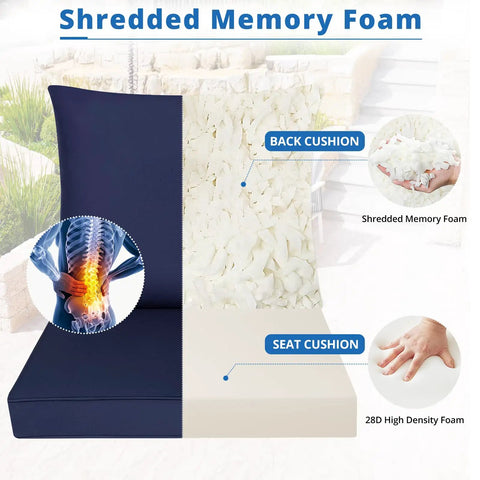 Diagram of outdoor chair cushions set showing shredded memory foam back cushion and high density foam seat cushion