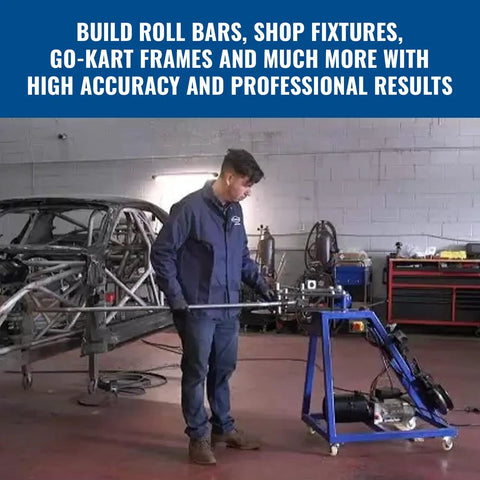 Heavy Duty Hydraulic Tubing Bender With High Capacity Pipe Bending Rig Driven By A Beefy One Horsepower Motor shaping tube in workshop.