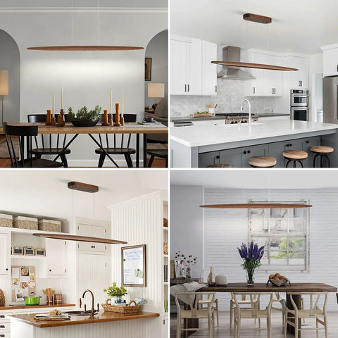 51 Inch Walnut Wood Linear Pendant Light For Kitchen Island And Dining Room Featuring Smooth Modern Lines And Straight Up Gorgeous Illumination To Level Up Your Home Decor Vibes Right Now in various dining and kitchen settings.