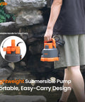 No Fuss Submersible Utility Water Pump 2760 GPH Portable Sump Pump with copper motor, lightweight design, easy-carry handle.