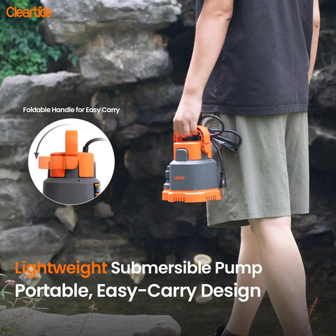 No Fuss Submersible Utility Water Pump 2760 GPH Portable Sump Pump with copper motor, lightweight design, easy-carry handle.