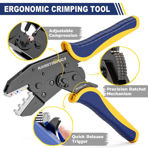 6 In 1 Ratchet Crimping Tool Kit with Interchangeable Dies for Heat Shrink, insulated and non-insulated connectors, ergonomic handles.
