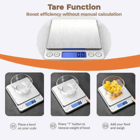 High Precision Kitchen Scale With 105 Oz Capacity And 0.01 Oz Accuracy For Cooking Baking And Meal Prep Tare Function Dual Trays And Clear LCD Display with tare function demonstration