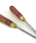 Right And Left Six Millimeter Paring Chisels One Quarter Inch Wide Skew Ground At Thirty Degrees With Twenty Five Degree Bevel Chrome Manganese Steel Czech Made Pro Grade Hand Tool For Precision Carving And Fine Woodworking displayed on a white surface