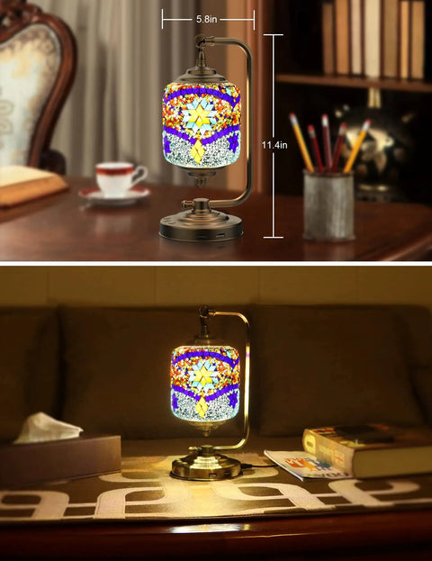 7 Color Mosaic Table Lamp With 360 Degree Rotating Color Changing Glass Handmade Antique Boho Bedside Lamp With 2 USB Ports on desk