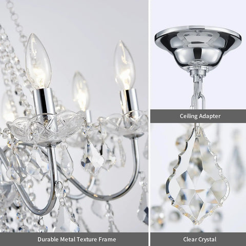 Close-up of Mini Crystal Chandelier with K9 Crystals, Chrome Finish, 5 E12 Bulbs, Living Room Pendant Lighting components