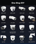 6K 12MP PoE IP Security Camera With Two Way Talk And Smart AI Human Vehicle Detection For Crisp Surveillance Video Color Night Vision With Built In Spotlight And 123-Degree Lens To Lock Down Your Property Day Or Night display showing various security camera models.