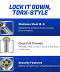 No Sweat Installation Heavy Duty Torx Security Sheet Metal Screws Number 10 X 1 Inch showing stainless steel with clear threads.