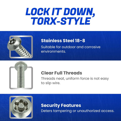 No Sweat Installation Heavy Duty Torx Security Sheet Metal Screws Number 10 X 1 Inch showing stainless steel with clear threads.